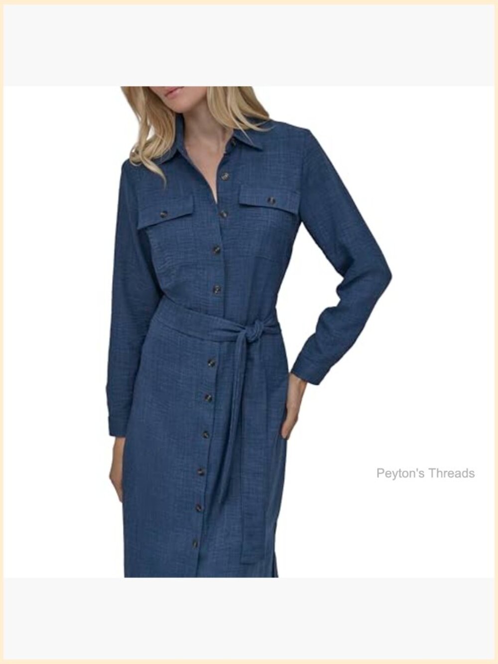 Long Sleeve Collared Tie Waist Midi Shirtdress with Pockets - Picture 2 of 6